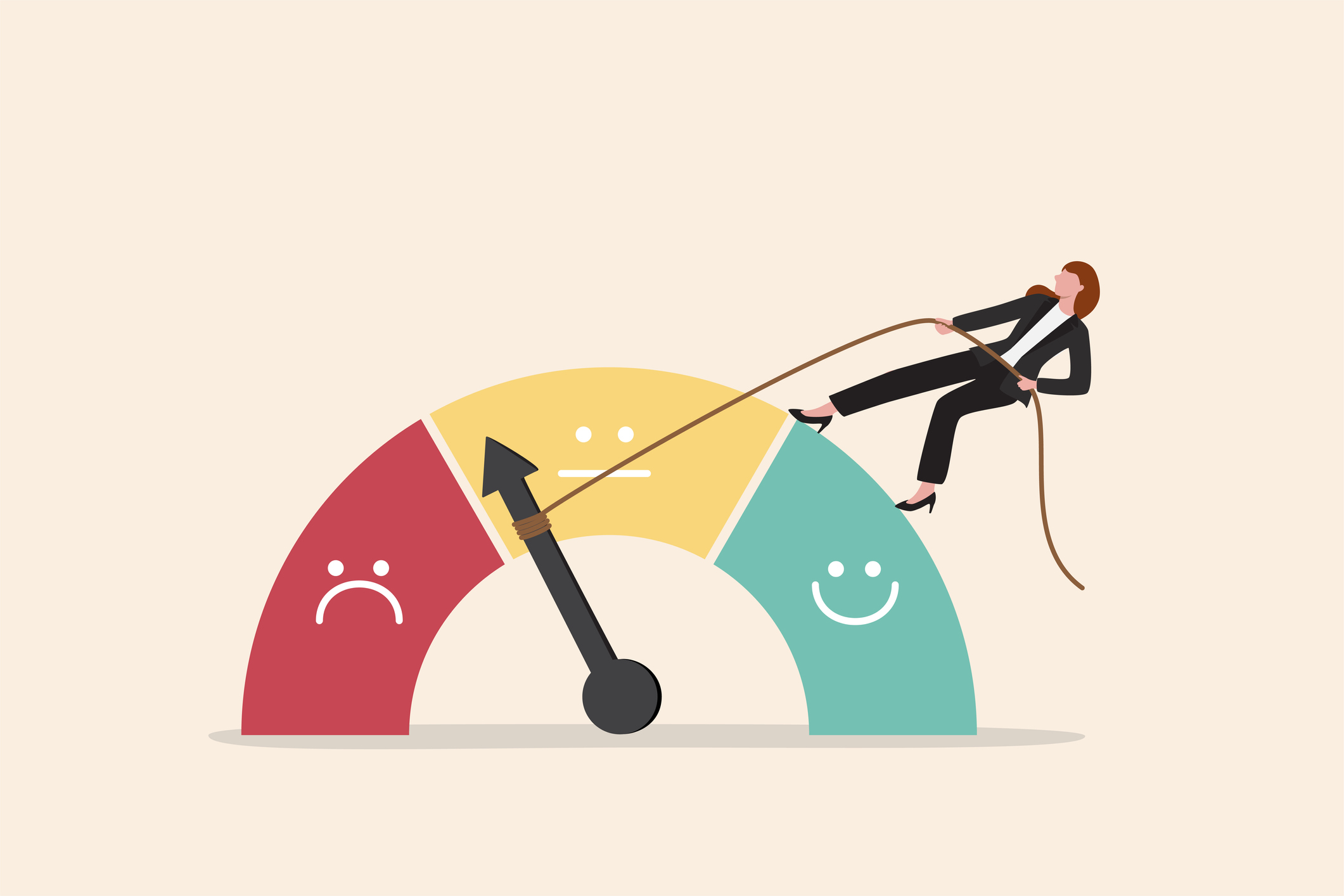 Performance rating or customer feedback, credit score or satisfaction measurement, quality control or improvement concept, strong businesswoman pull the string to make rating gauge to be excellent. Performance rating or customer feedback, credit score or satisfaction measurement, quality control or improvement concept, strong businesswoman pull the string to make rating gauge to be excellent.