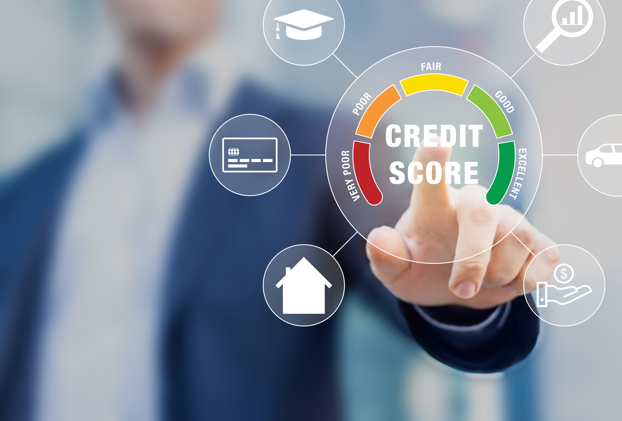 Credit Score rating based on debt reports showing creditworthiness or risk of individuals for student loan, mortgage and payment cards, concept with business person touching scorecard on screen Credit Score rating based on debt reports showing creditworthiness or risk of individuals for student loan, mortgage and payment cards, concept with business person touching scorecard on screen